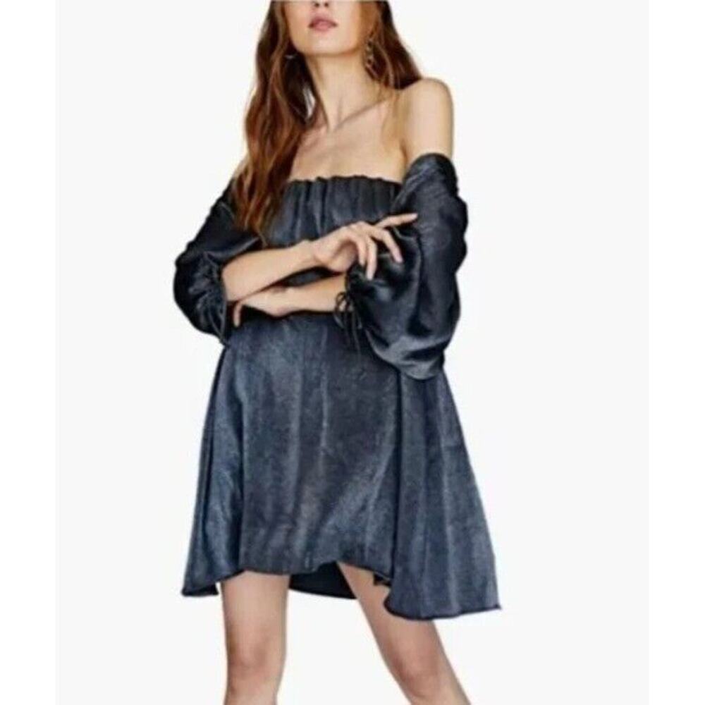 Free People Mara Mini Dress Graphite Black Puff Sleeve Oversized Sz XS NEW